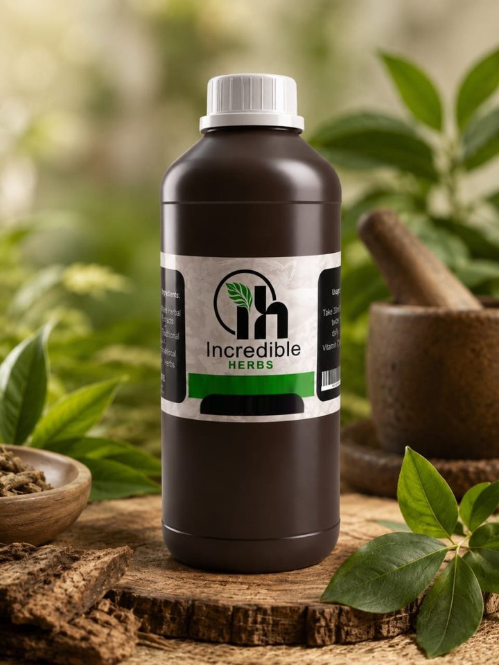 An Incredible Herbs 1 litre herbal blend bottle among fresh leaves